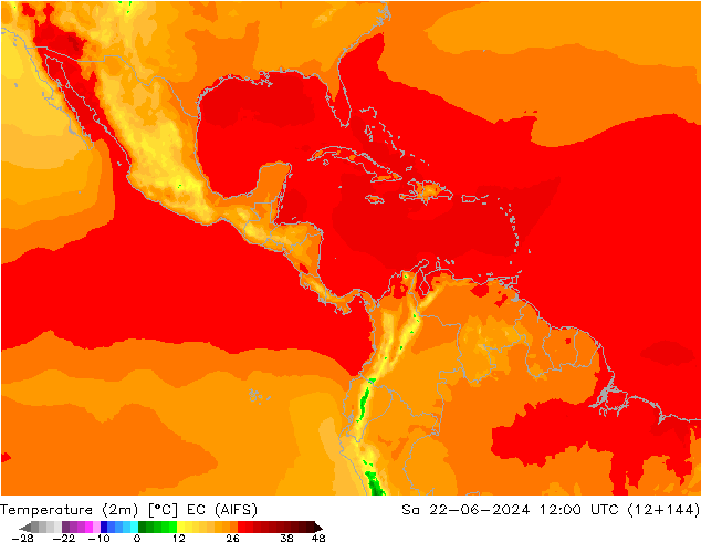 mapa temperatury (2m) EC (AIFS) so. 22.06.2024 12 UTC