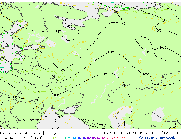Isotachs (mph) EC (AIFS) Th 20.06.2024 06 UTC