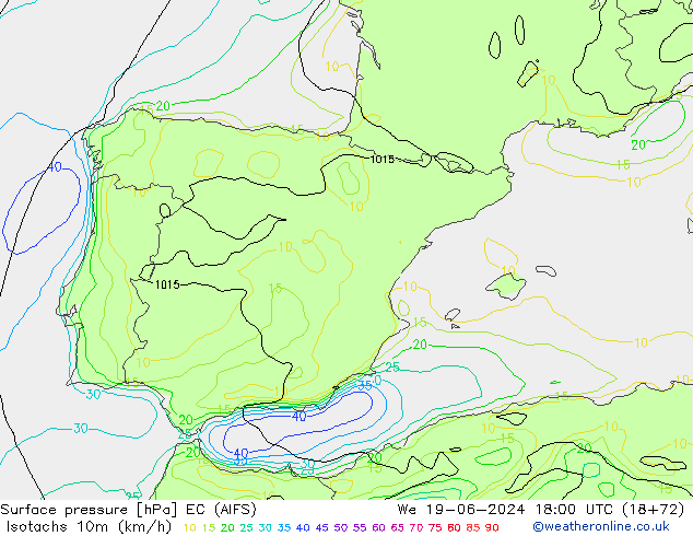 Isotachs (kph) EC (AIFS) mer 19.06.2024 18 UTC