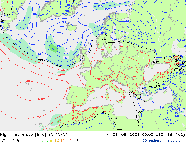 High wind areas EC (AIFS) Fr 21.06.2024 00 UTC