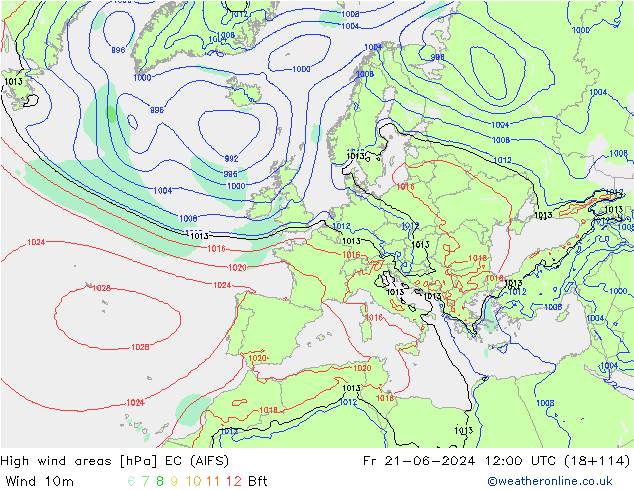 yüksek rüzgarlı alanlar EC (AIFS) Cu 21.06.2024 12 UTC