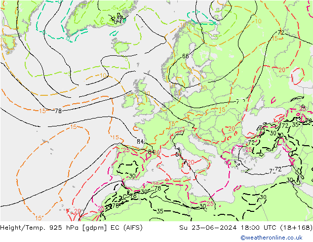 Height/Temp. 925 hPa EC (AIFS) Dom 23.06.2024 18 UTC