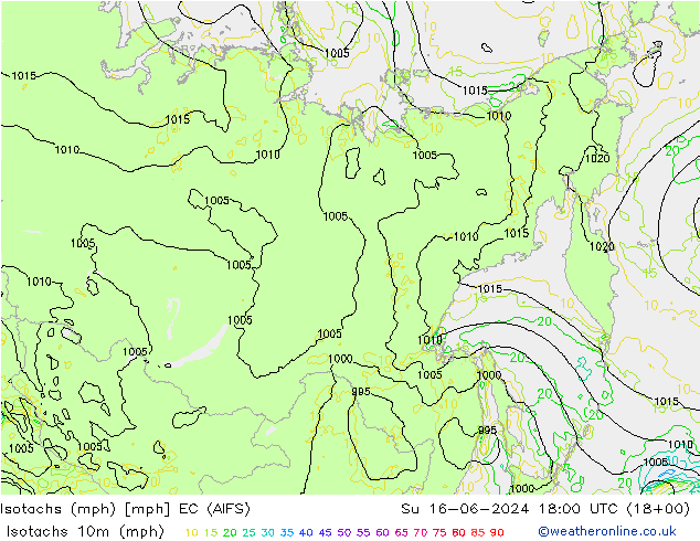 Isotachs (mph) EC (AIFS) Su 16.06.2024 18 UTC