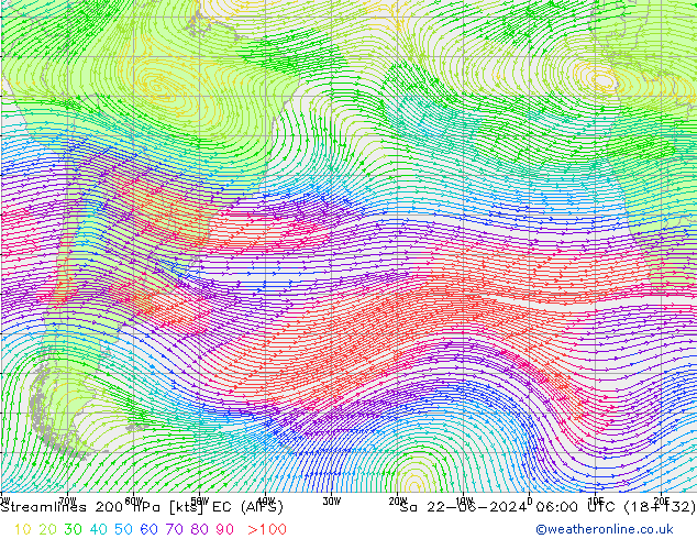Ligne de courant 200 hPa EC (AIFS) sam 22.06.2024 06 UTC