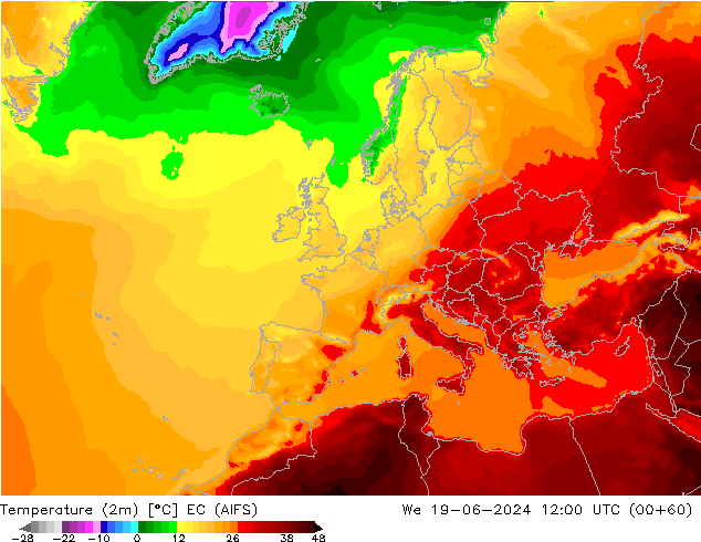 Temperature (2m) EC (AIFS) We 19.06.2024 12 UTC