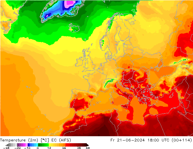 Temperature (2m) EC (AIFS) Fr 21.06.2024 18 UTC