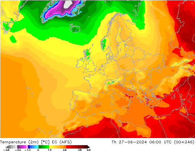 Temperature (2m) EC (AIFS) Th 27.06.2024 06 UTC