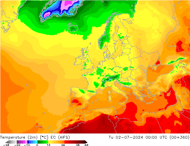 Temperature (2m) EC (AIFS) Tu 02.07.2024 00 UTC