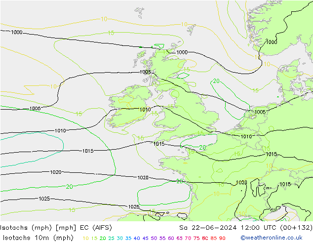 Isotachs (mph) EC (AIFS) Sa 22.06.2024 12 UTC