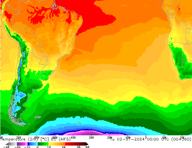 Temperatura (2m) EC (AIFS) Ter 02.07.2024 00 UTC