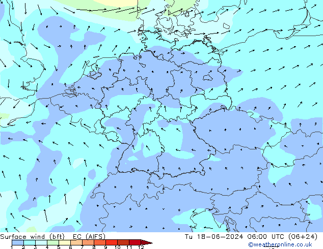 Surface wind (bft) EC (AIFS) Út 18.06.2024 06 UTC