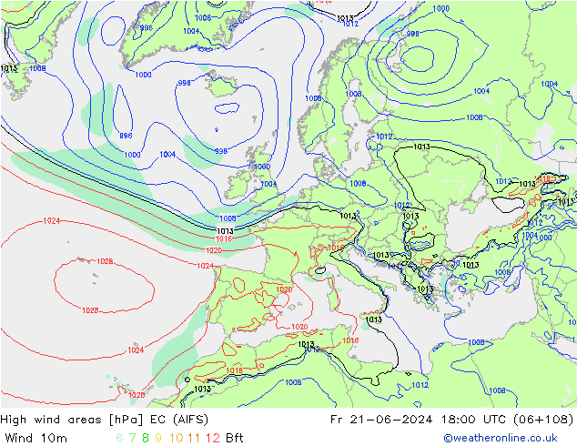High wind areas EC (AIFS) Fr 21.06.2024 18 UTC