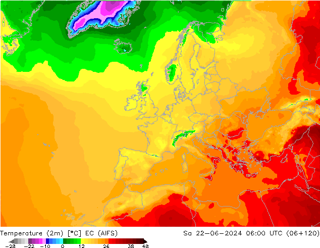 Temperature (2m) EC (AIFS) Sa 22.06.2024 06 UTC