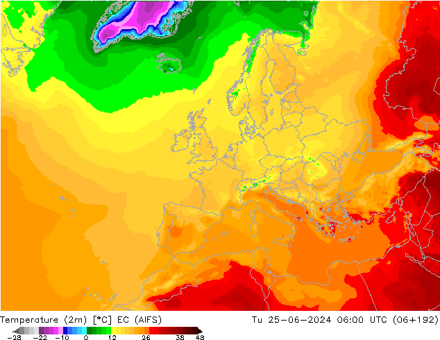 Temperature (2m) EC (AIFS) Tu 25.06.2024 06 UTC