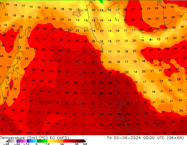 mapa temperatury (2m) EC (AIFS) czw. 20.06.2024 00 UTC