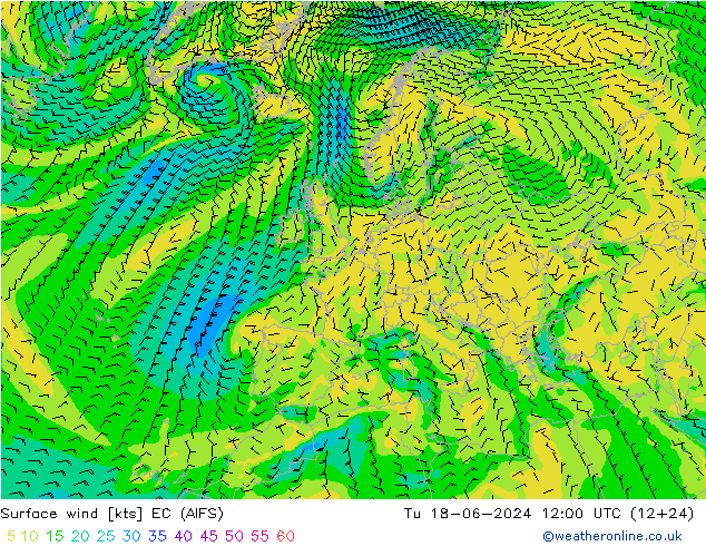 Surface wind EC (AIFS) Út 18.06.2024 12 UTC