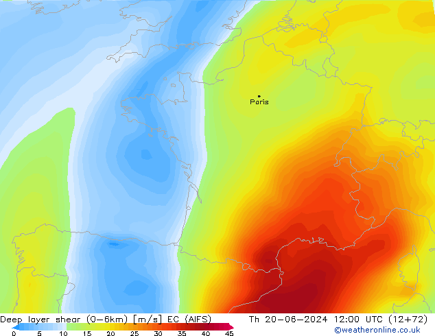Deep layer shear (0-6km) EC (AIFS) czw. 20.06.2024 12 UTC