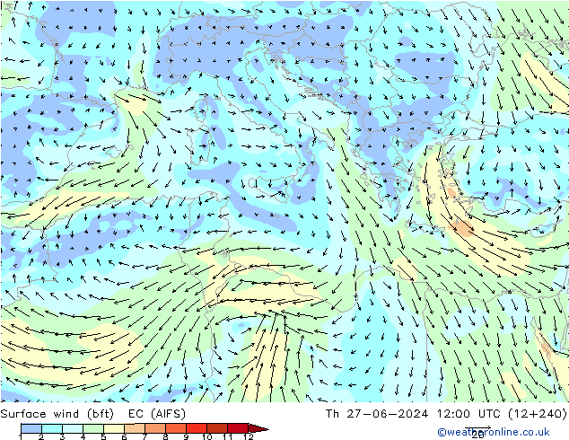 Surface wind (bft) EC (AIFS) Th 27.06.2024 12 UTC