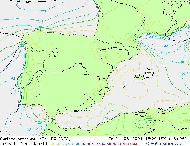 Isotachs (kph) EC (AIFS) пт 21.06.2024 18 UTC
