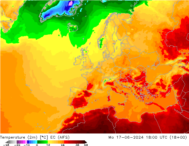 Temperature (2m) EC (AIFS) Mo 17.06.2024 18 UTC
