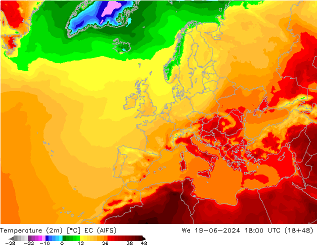température (2m) EC (AIFS) mer 19.06.2024 18 UTC