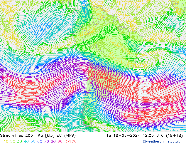 Linea di flusso 200 hPa EC (AIFS) mar 18.06.2024 12 UTC
