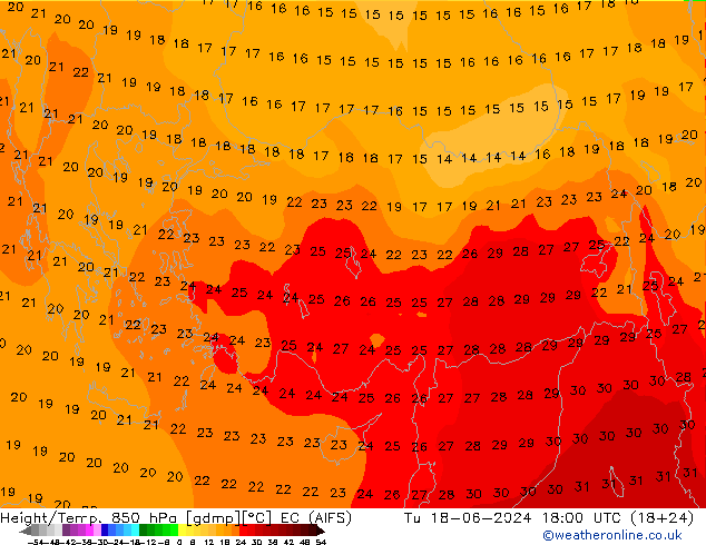 Hoogte/Temp. 850 hPa EC (AIFS) di 18.06.2024 18 UTC