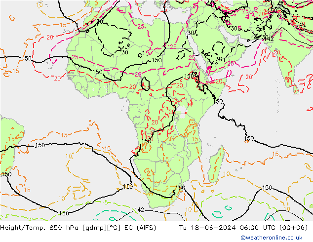 Height/Temp. 850 hPa EC (AIFS) Út 18.06.2024 06 UTC