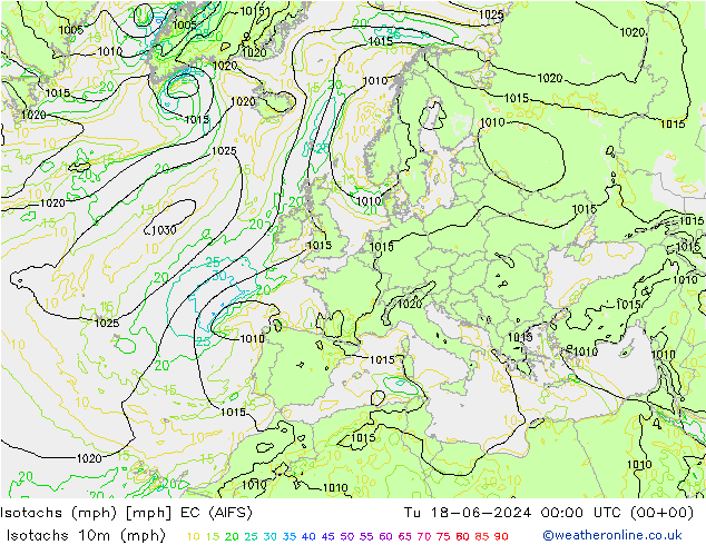 Isotachs (mph) EC (AIFS) 星期二 18.06.2024 00 UTC