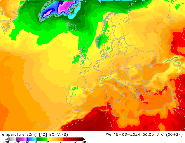 Temperaturkarte (2m) EC (AIFS) Mi 19.06.2024 00 UTC