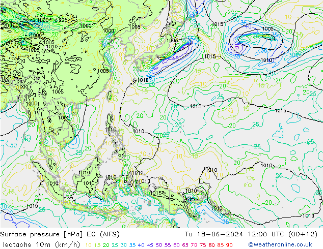 Isotachs (kph) EC (AIFS)  18.06.2024 12 UTC