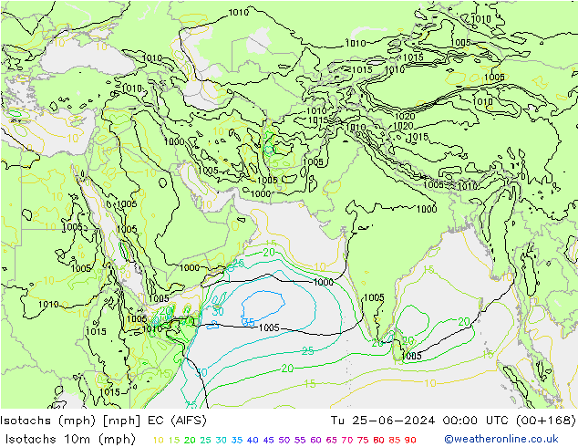 Isotachen (mph) EC (AIFS) di 25.06.2024 00 UTC