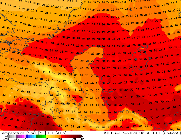 Temperature (2m) EC (AIFS) We 03.07.2024 06 UTC