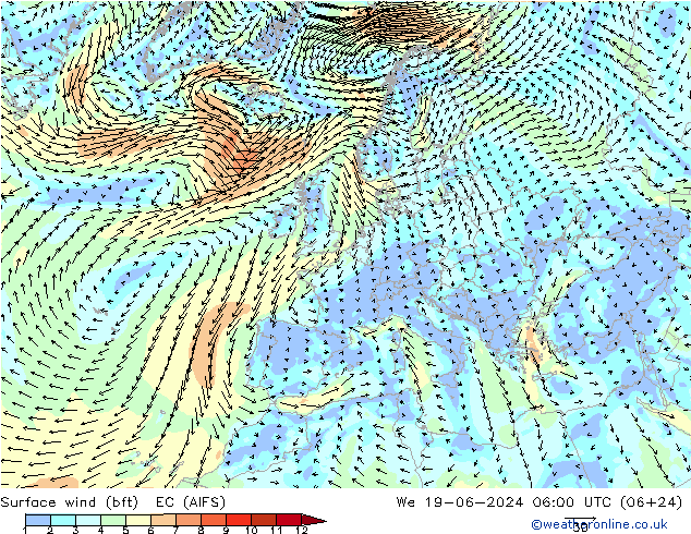 Surface wind (bft) EC (AIFS) We 19.06.2024 06 UTC