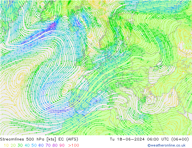 风 500 hPa EC (AIFS) 星期二 18.06.2024 06 UTC