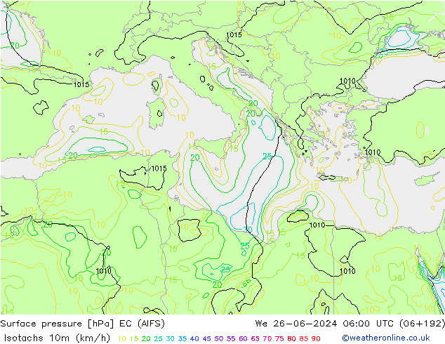 Isotachs (kph) EC (AIFS) mer 26.06.2024 06 UTC