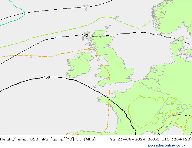 Hoogte/Temp. 850 hPa EC (AIFS) zo 23.06.2024 06 UTC