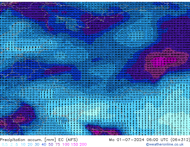 Precipitation accum. EC (AIFS) пн 01.07.2024 06 UTC