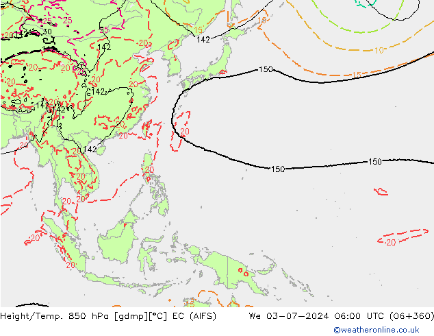 Hoogte/Temp. 850 hPa EC (AIFS) wo 03.07.2024 06 UTC