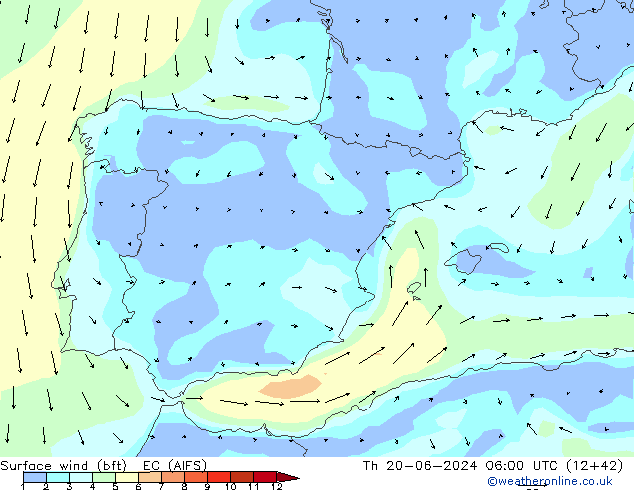 Wind 10 m (bft) EC (AIFS) do 20.06.2024 06 UTC