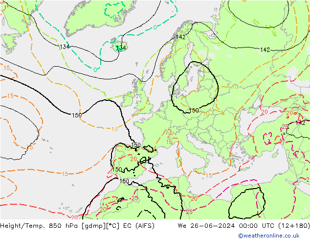 Yükseklik/Sıc. 850 hPa EC (AIFS) Çar 26.06.2024 00 UTC