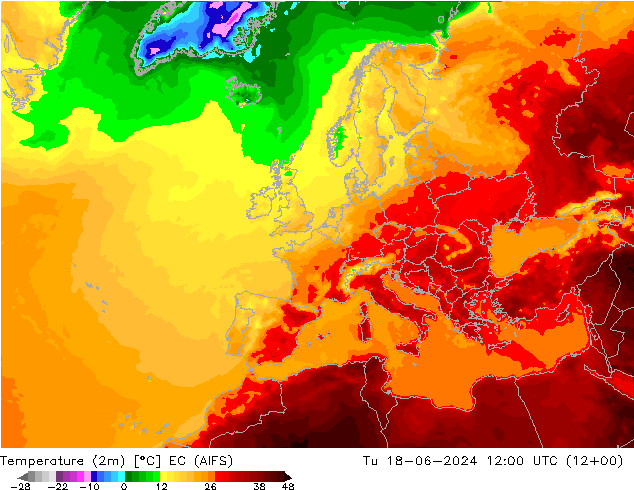 Temperature (2m) EC (AIFS) Tu 18.06.2024 12 UTC