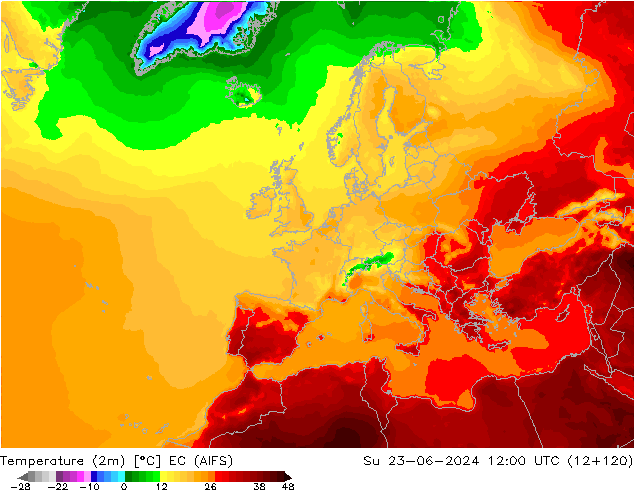 Temperaturkarte (2m) EC (AIFS) So 23.06.2024 12 UTC