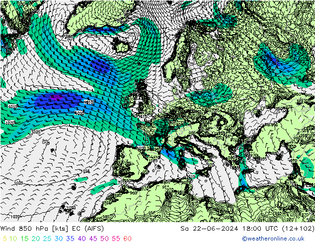 Wind 850 hPa EC (AIFS) Sa 22.06.2024 18 UTC