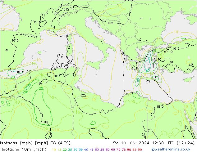 Isotachen (mph) EC (AIFS) Mi 19.06.2024 12 UTC