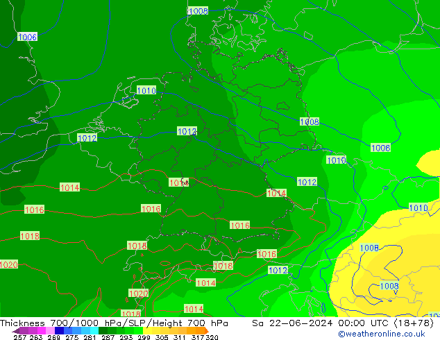 Thck 700-1000 hPa EC (AIFS) sam 22.06.2024 00 UTC