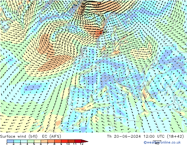 Viento 10 m (bft) EC (AIFS) jue 20.06.2024 12 UTC