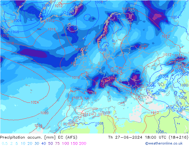 Precipitación acum. EC (AIFS) jue 27.06.2024 18 UTC