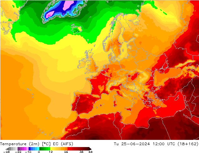 Temperatuurkaart (2m) EC (AIFS) di 25.06.2024 12 UTC