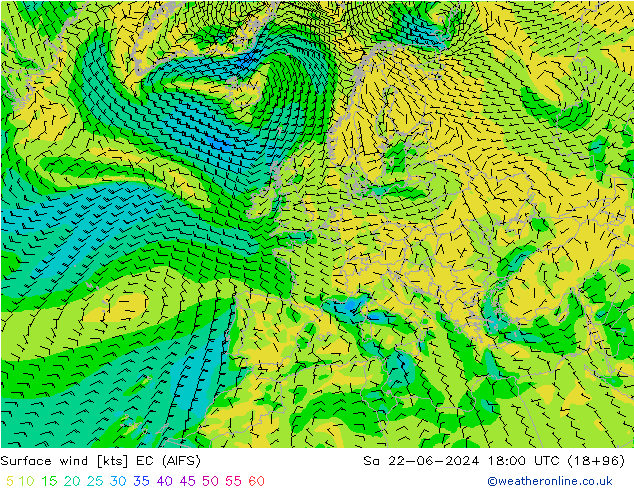 Surface wind EC (AIFS) Sa 22.06.2024 18 UTC